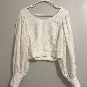 Free People cropped white eyelet linen shirt. Button down, scooped back